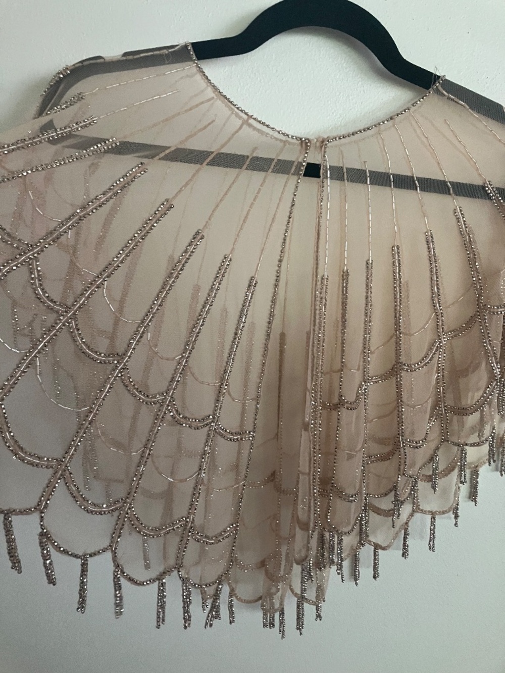 Beaded Capelet Shawl Cape Sheer Bolero Nude Tan Silver